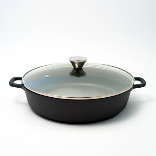 Baumalu, Mijoteuse Basse 32 cm en Fonte d'Aluminium Noir, Intérieur Anti-Adhérent Whitford Xylan Plus, Couvercle en Verre avec Bouton Inox, Compatible Tous Feux y compris Induction