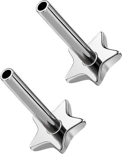 MS CUTE G23 Titanium Threadless Push Pin Post Flat Back Post, Silver Star Base (Post Only/No Top) – 16G (1.2mm) x 9mm for Nose, Helix, Tragus, Conch, Lip/Medusa Piercing