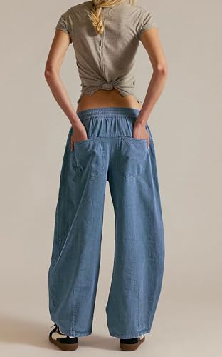 loveimgs Women Baggy Barrel Jeans Boyfriend Elastic Mid Rise Wide Leg Jeans Sweatpants Denim Lounge Pants Drawstring Y2k4