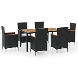 mtlskopl 7-Piece Outdoor Dining Set, Black PE Rattan Patio Furniture Set with Rectangular Acacia Wood Top Table and 6 Cushioned Armchairs for Backyard Garden Terrace