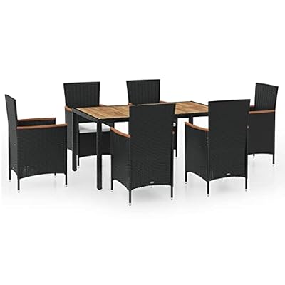 mtlskopl 7-Piece Outdoor Dining Set, Black PE Rattan Patio Furniture Set with Rectangular Acacia Wood Top Table and 6 Cushioned Armchairs for Backyard Garden Terrace