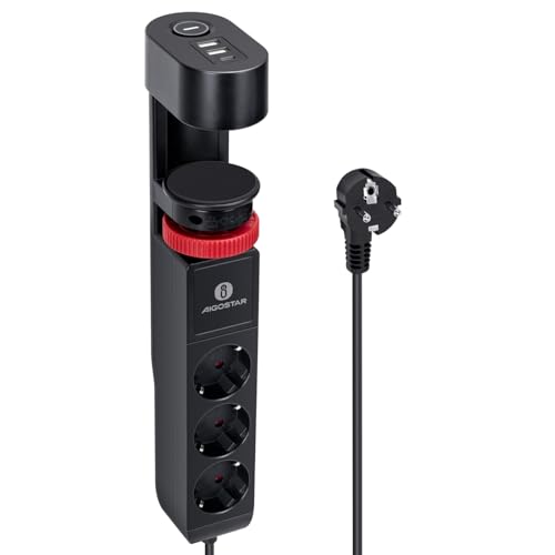 Aigostar Tischsteckdose 3-Fach mit Schalter Steckdosenleiste mit Tischclip Steckerleiste mit 3 USB 6 in 1 Mehrfachsteckdose 1.4M Kabel Schwarz