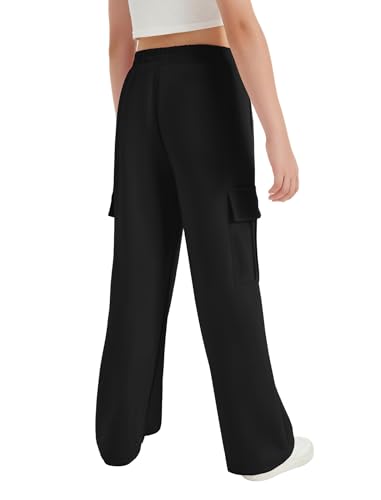 EXARUS Girls Sweatpants with Cargo Pockets Elastic Waistband Wide Leg Causal Kids High Waisted Pants 6-14Y4