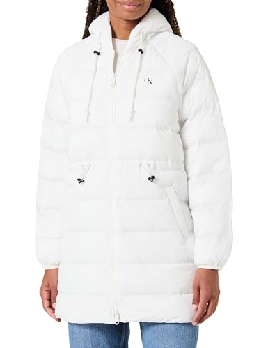 Calvin Klein Abrigo de plumas Mujer Lightweight Logo Mid Length con capucha, Blanco (Snow White), S