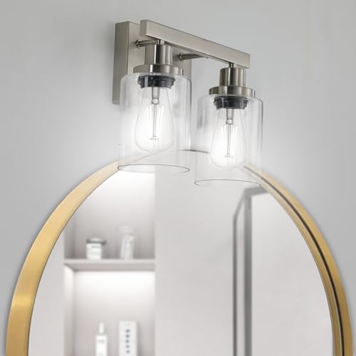 DIKAIDA Bathroom Vanity Light, 2-Light Nickel Modern Matte Wall Sconce Lighting with Clear Glass Shade, Wall Lights,Bath Vintage Wall Mounted Lamps for Mirror Bedroom Living Room