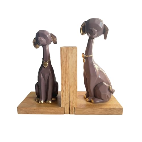 Image of eCraftIndia Wooden Book End and Set of 2 Cute Dog Statues Animal Figurines Decorative Showpieces for Home Decor in Living Room Office