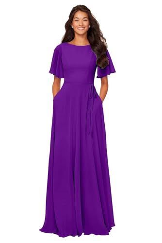 Image of petyoo Chiffon Flutter Sleeve Bridesmaid Dresses with Pockets Sash Long A Line Formal Dress