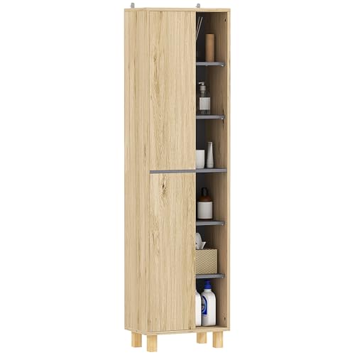HOMCOM Meuble Colonne Salle de Bain, Armoire de Salle de Bain avec 6 Compartiments Ouverts et 2 placards, dim. 40l x 24P x 148H cm, Bois Naturel
