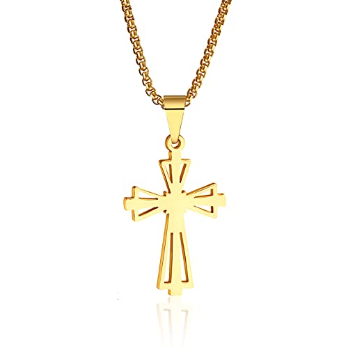 TOLOWOBK Kreuz Kette Goldfarbenem Herren Halskette Kreuzanhänger Schutzanhänger Aus Edelstahl Jederzeit Geschützt, mit 55cm Kette, Das Beste Geschenk für Freund, Ehemann, Vater Cover