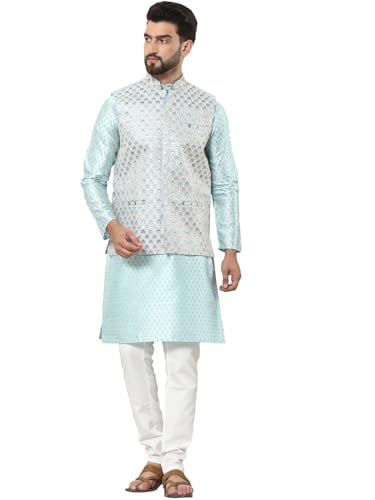 Image of SOJANYA (Since 1958 Men's Silk Blend Printed Kurta and Cream Pyjama with Designer Nehru Jacket
