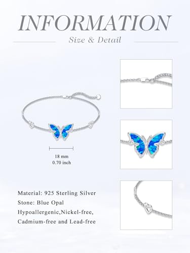 Image of WINNICACA 925 Sterling Silver Anklets for Women Adjustable Beaded Butterfly Opal Anklet Bracelet Foot Chains Jewelry Gifts for Women Beach Birthday Christmas Gift