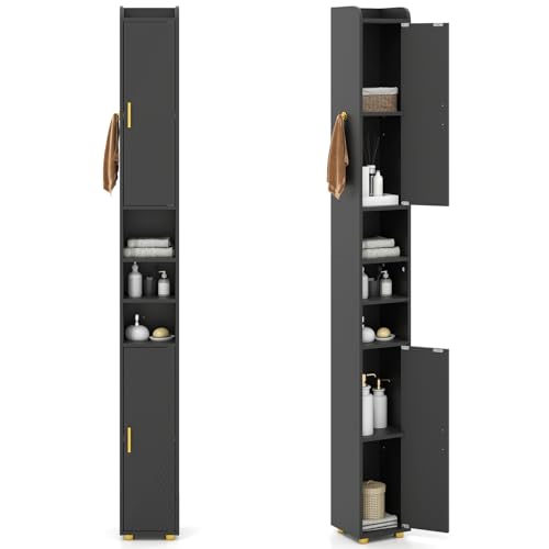 LIFEZEAL Mueble de Columna Baño, Muebles Auxiliares de Baño con Estante Ajustable en 3 Niveles, Gabinete de Almacenamiento de Ahorro de Espacio, 2 Puertas, Portarrollos para Papel Higiénico (Negro)