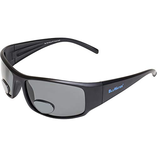 Global Vision BluWater Polarized Bifocal 1 Sunglasses Matte Black Frames +3.0 Magnification Smoke Lens