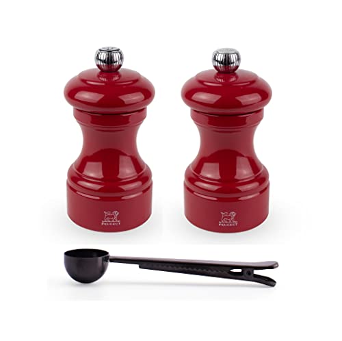 Peugeot Bistro Manual Salt & Pepper Mill Gift Set, Gloss Painted Wood, 10 cm - 4?- With Stainless Steel Spice Scoop/Bag Clip (Passion Red Gloss)