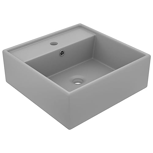 vidaXL Luxury Matt Light Grey Ceramic Basin - Square Design - 41x41 cm - Overflow Feature - Versatile Placement - Stylish Bathroom Accessory