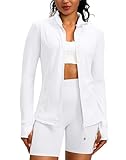 Women's Workout Jackets with 4 Pockets Zip Up Slim Fit Soft Fall Jacket for Yoga Running Athletic (White,S)