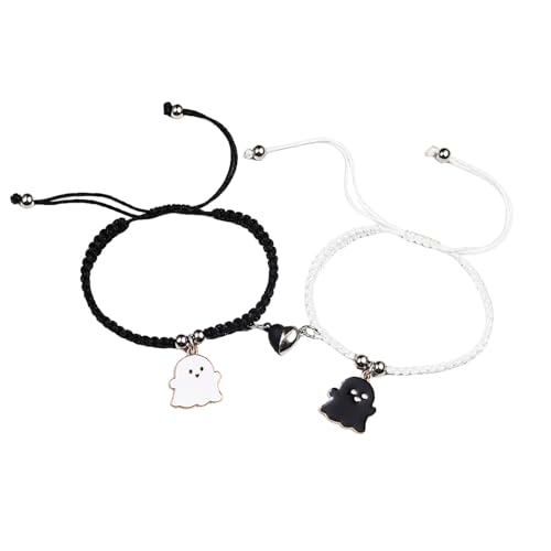 Image of 2Pcs Love Heart Couple Matching Bracelet Set Adjustable Braide Rope Halloween Mummy Ghost Pumpkin Hat Wizard Bracelet for Women Men Lover Friend Friendship Jewelry