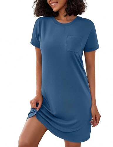 Jahetuul Camisón Mujer de Manga Corta Algodón de Color Sólido Camisones de Mujer con Cuello Redondo Estilo Liso Cómodo para Dormir Estar en Casa