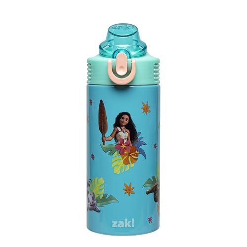 Image of Zak Designs Disney Moana Sage Kids Water Bottle For School or Travel, 14oz Stainless Steel Water Bottle With Straw, Handle, and Leak-Proof, Pop-Up Spout Cover (Moana, Maui, Pua, Hei Hei)