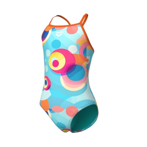 Image of ARENA Feel Girls' Junior Leisure Light Drop Back Swimsuit Thin Straps UV Protection Chlorine Resistant Quick Drying Comfortable One Piece Bathing Suit, Blue Multi /Team Orange, US Size 8-10 Jr /26