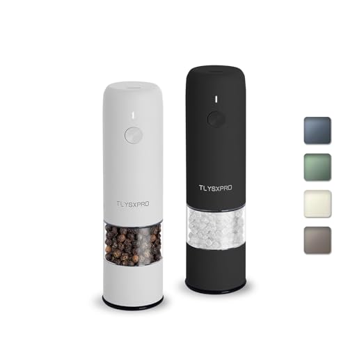 Small Electric Salt and Pepper Grinder Set, USB Rechargeable, Automatic Pepper Mill Grinder with Adjustable Coarseness, Electric Salt Shakers, One Hand Operation for Kitchen (2 Packs, Stainl