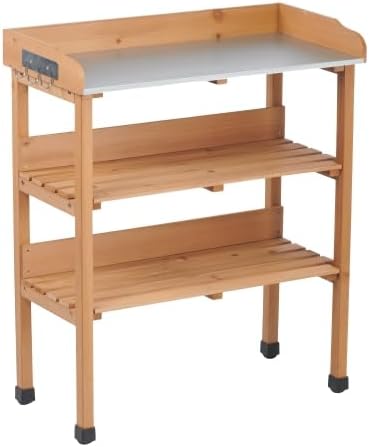 30″x14.5″×35.5″ Potting Table w/Metal Tabletop, 3 Layers Outdoor Work Bench w/Hook for Garden, Solid Wood Workstation for Garage