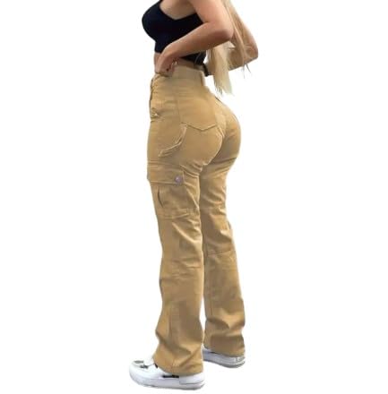 Womens High Waist Straight-Leg Pants with Button and Pocket Details - Casual Loose Fit Solid Colors Non-Stretch Fabric