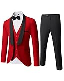 YND Men's 3 Piece Slim Fit Tuxedo Suit Set, One Button Shawl Lapel Solid Blazer, Jacket Vest Pants with Bow Tie, Red