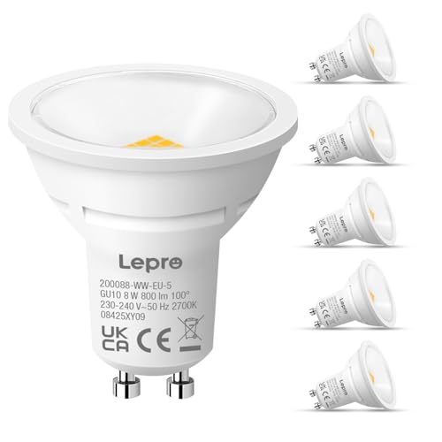 Lepro Ampoule LED GU10 8W, Blanc Chaud 2700K, 800lm Ampoule GU10 Équivaut de 65W, 100° Faisceau Large, Ampoules GU10 Économie d'énergie, Lot de 5