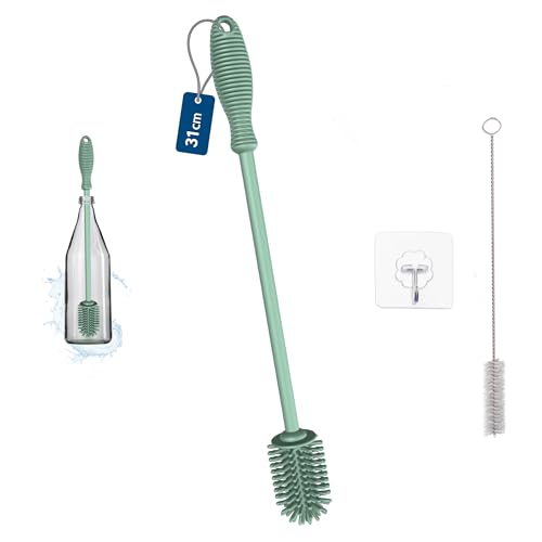 YEibi Cepillo Limpiador de Botellas por Dentro 31cm + Cepillo Paja, Cepillo Limpia Biberones, Cepillo para Floreros con Mango Largo, Botellas Grandes, Limpiador de Botella de Cristal
