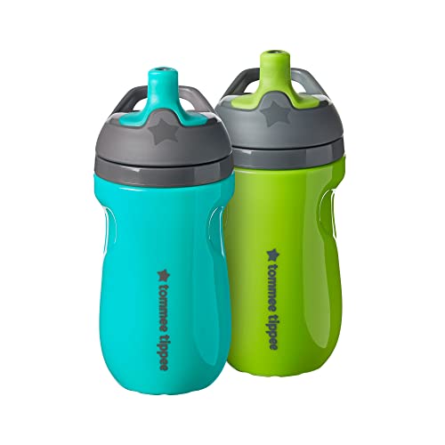 Tommee Tippee Insulated Sportee Bottle, 260ml, for Toddlers 12m+, 2 Pack, Green and Teal, Non-Spill Water Bottle with Bite-Proof Spout and Two-Piece Valve, Leak-Proof and BPA Free
