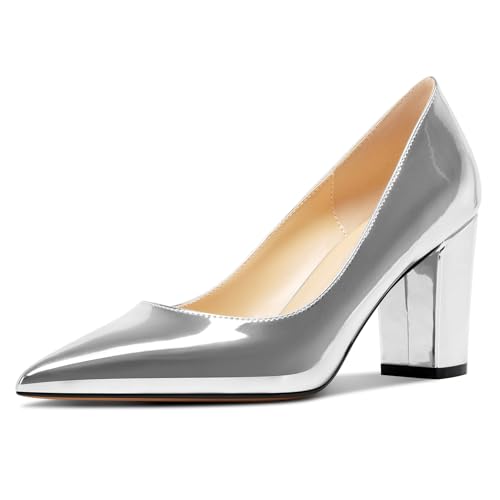 Image of Aachcol Women Pumps Pointed Toe Slip on Mid Heel Dress Office Chunky Block Heels Shoes 3 Inches