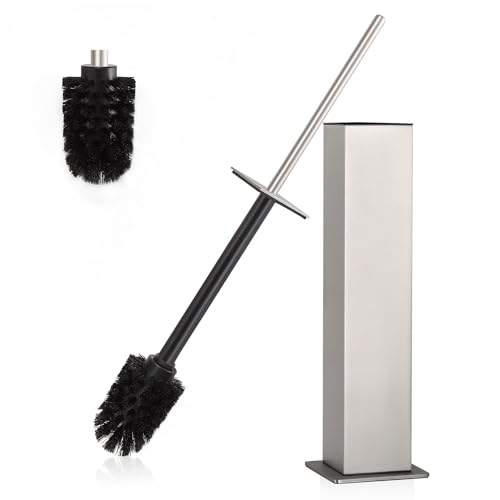 Image of BVL Toilet Brush and Holder Set Brushed Nickel Stainless Steel 304 Square Freestanding Toilet Brush for Bathroom
