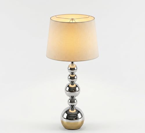 Image of Silver Metal Ball Table Lamp with Neutral Linen Shade - 5-Tier Spherical Base Design - Premium Brass Finish Accent Light for Modern Home Interiors & Bedside Tables