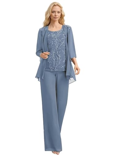 Chiffon Mother of Bride Pant Suits Plus Size Dusty Blue...