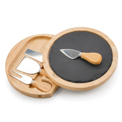 Image of besto Cheese Board and Knife Set (4 Pcs) | Hevea Wood Round Slate Cheese Board with Knives & Fork | Cheeseboard Gift Set | Hand Cleaning Recommended (Avoid Dishwasher)