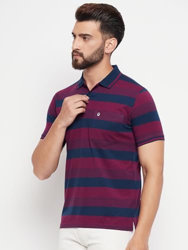 Image of UNIBERRY Men's Cotton Blend Regular Fit Half Sleeve Striper Polo Neck T-Shirt & Pocket On Chest-REMT3-MR XL Maroon