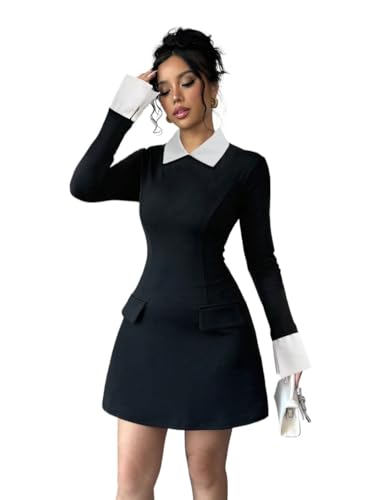 Women's 2025 Spring Fall Dress Colorblock Collared Long Sleeve Short Dress