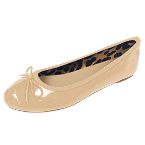 Gold Toe Womens Patent Ballet Flats with Bow, Cushioned Insoles,Easy Slip On/Off (Nude,6)