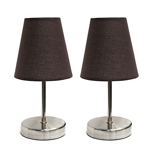Simple Designs LT2013-BWN-2PK Sand Nickel Mini Basic Table Lamp with Fabric Shade 2 Pack Set. Espresso Brown