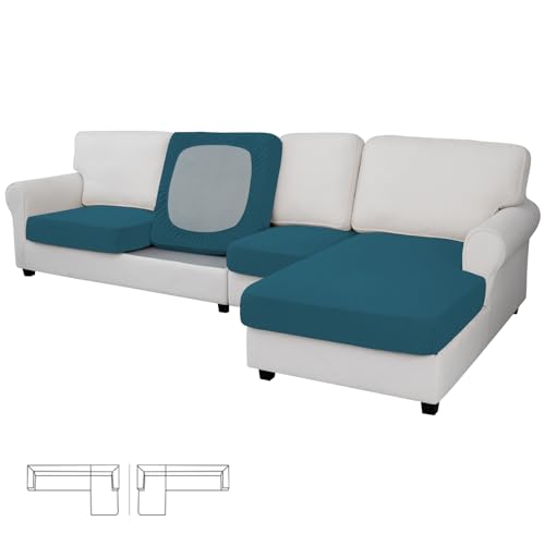 Image of Easy-Going Stretch 4 Pieces Couch Cushion Covers for Sectional Sofa L Shape | 3 Seater + 1 Chaise Lounge Left /Right L Sofa Seat slipcover Anti-Slip Sofa Cover Soft Peacock Blue