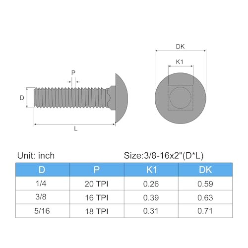 Image of uxcell 3 /8-16x2 Carriage Bolt, 50pcs Round Head Square Neck Screws, 304 Stainless Steel, Fully Threaded, Silver