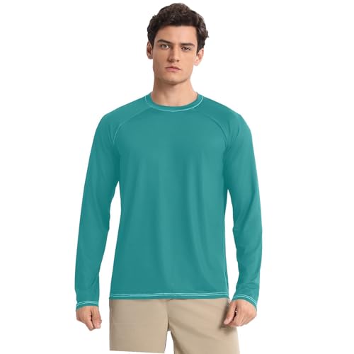 Teal Green Men's UPF 50+ Swim Shirts Quick Drying Comfort Mens Sun Protection Long Sleeve Hiking