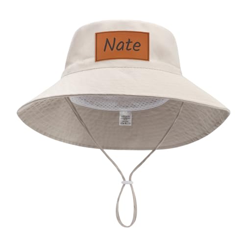 Personalized Toddler Hat, Custom Name Bucket Hats for Baby Boy 2t-4t, Leather Patch Baby Girls Hat, Beige Infants Hats
