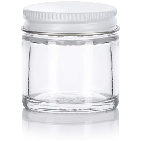 JUVITUS 1 oz / 30 ml Clear Thick Glass Straight Sided Jar with White Metal Airtight Lid (4 pack) Cover