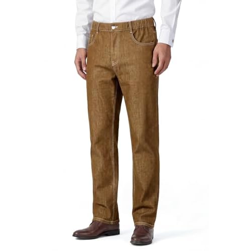 Heyfanee Mens Linen Jeans Slim Fit Lightweight Elastic Waist Pants for Men 28W x 30L Brown