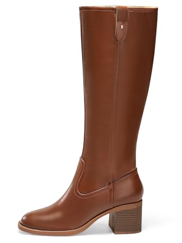 Coutgo Womens Knee High Boots Low Chunky Heel Round Toe Tall Boots Side Zipper Fall Dress Shoes