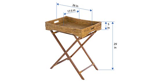 KOUBOO La Jolla Rattan Butler Tray with Folding Wood Stand, Ottoman, Coffee Table Trays, Serving Food Eating Drink Breakfast Bed Room, Home Decor, Honey Brown