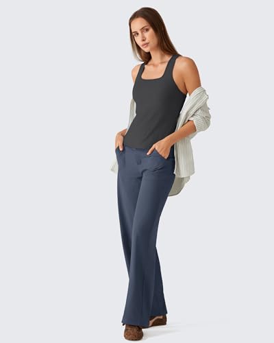 Image of G4Free Ribbed Removable Built in Bra Workout Tank Tops Woman Racerback Square Neck Yoga Top Lightweight Athletic Tanks