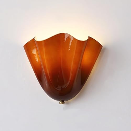 Vintage Shell Wall Sconce – Amber Glass Wall Lamp with Antique Bronze Finish,Soft Ambient Lighting for Bedroom, Living Room, or Hallway – Retro Scallop Shade Adds Warmth (Amber,M)